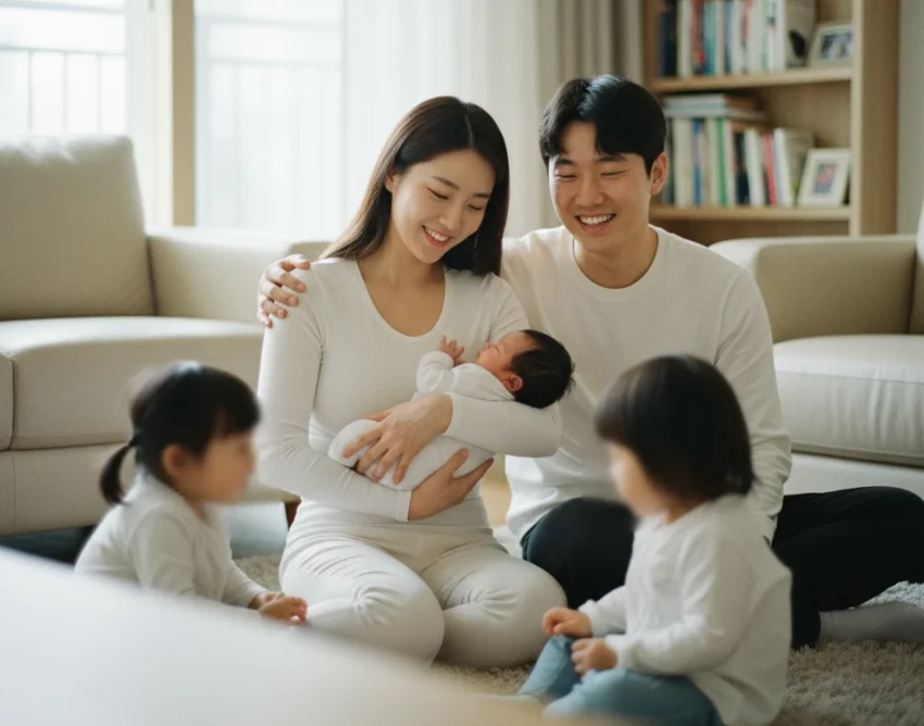다자녀 또는 아기를 안고 있는 한국인 부부가 환하게 웃는 따뜻한 가족 사진. 다자녀 또는 아기를 안고 있는 한국인 부부가 환하게 웃는 따뜻한 가족 사진.