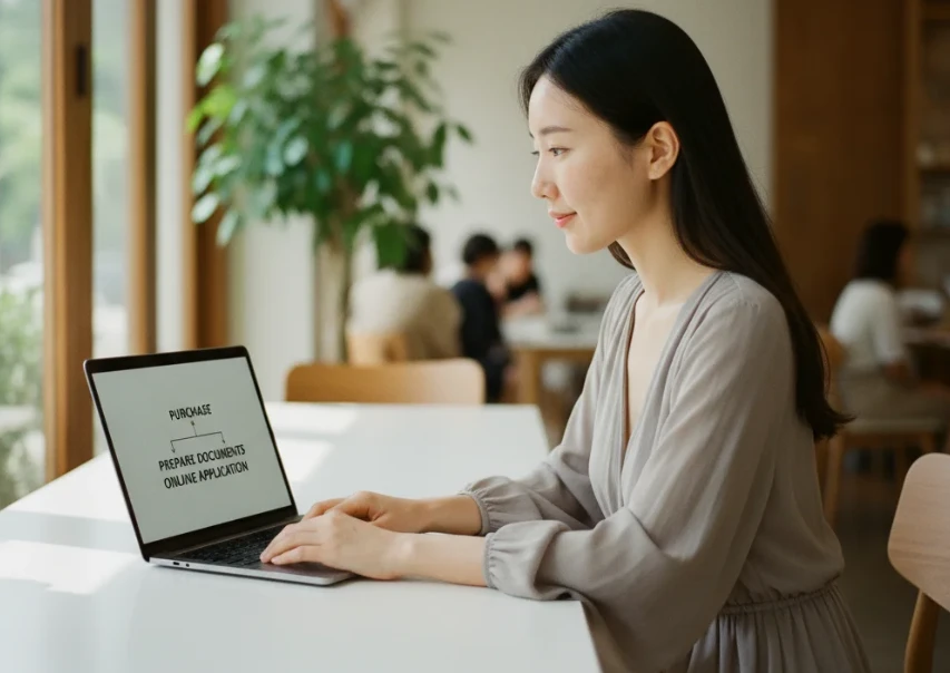 노트북 화면에 띄워진 1등급 가전 환급 신청 3단계 절차를 보며 쉽게 따라 하는 20대 한국 여성. 노트북 화면에 띄워진 1등급 가전 환급 신청 3단계 절차를 보며 쉽게 따라 하는 20대 한국 여성.
