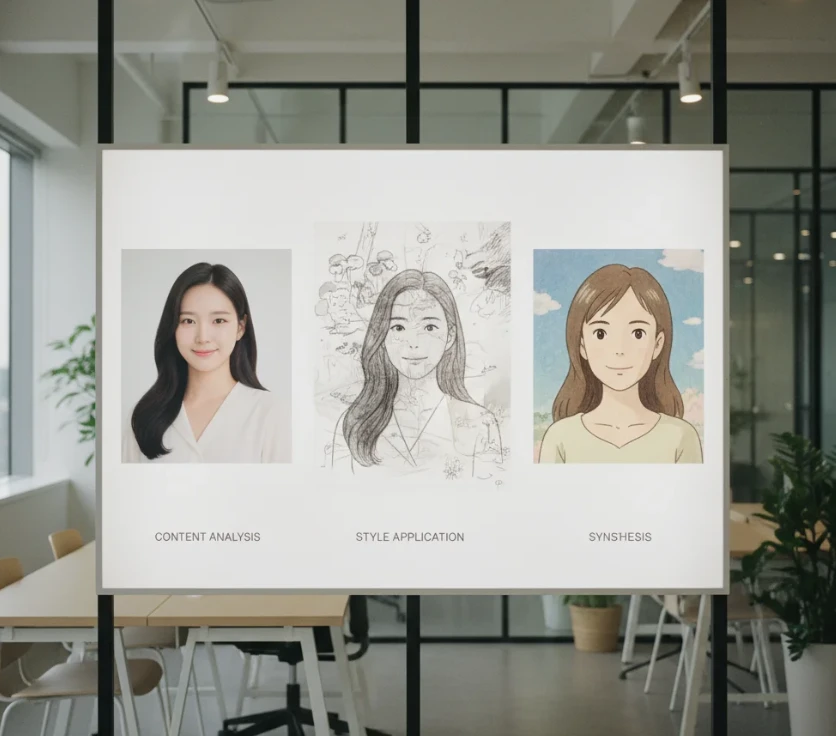 평범한 사진이 지브리 스타일 그림을 거쳐 최종 애니메이션 이미지로 변환되는 3단계의 AI 스타일 트랜스퍼 원리도. 평범한 사진이 지브리 스타일 그림을 거쳐 최종 애니메이션 이미지로 변환되는 3단계의 AI 스타일 트랜스퍼 원리도.