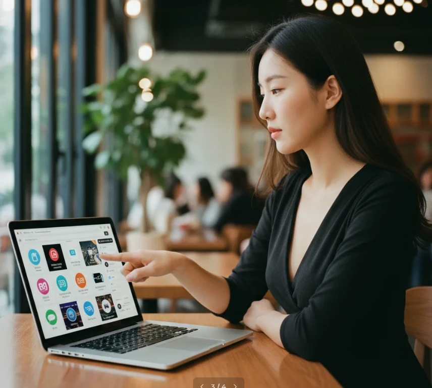 Character.AI, Midjourney, ToonMe 등 지브리 프사 제작 AI 도구들을 비교하는 20대 한국 여성. Character.AI, Midjourney, ToonMe 등 지브리 프사 제작 AI 도구들을 비교하는 20대 한국 여성.