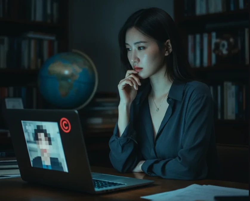 낮은 해상도의 원본 사진과 저작권 경고 아이콘을 보며 AI 이미지 생성 시 주의사항을 고민하는 20대 한국 여성. 낮은 해상도의 원본 사진과 저작권 경고 아이콘을 보며 AI 이미지 생성 시 주의사항을 고민하는 20대 한국 여성.