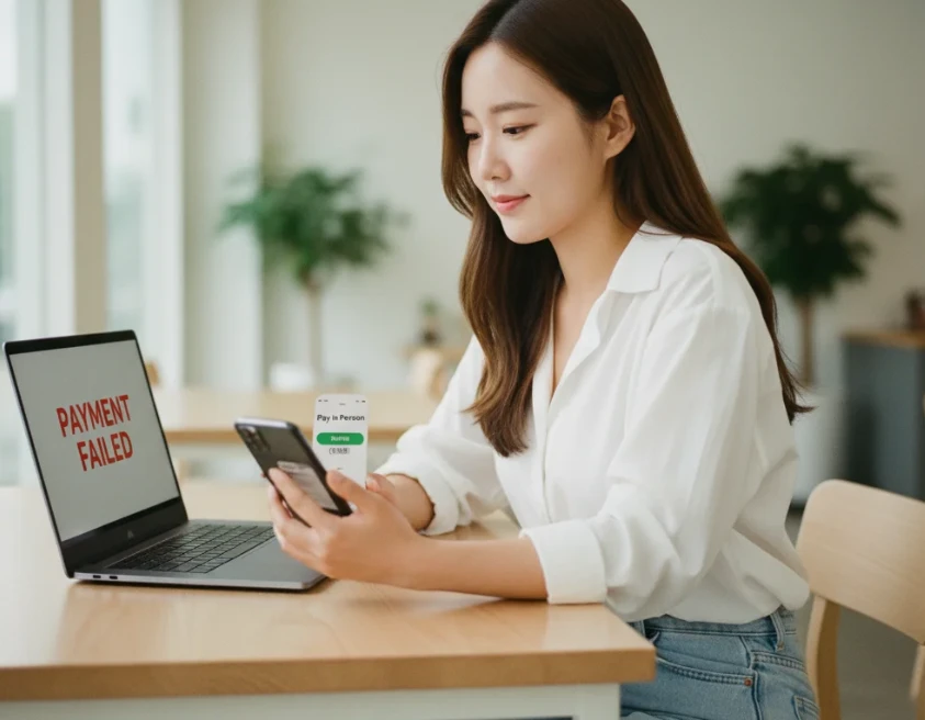 온라인 쇼핑몰 결제는 실패하고, 배달 앱에서 '만나서 결제'를 선택하고 성공하는 20대 한국 여성. 온라인 쇼핑몰 결제는 실패하고, 배달 앱에서 '만나서 결제'를 선택하고 성공하는 20대 한국 여성.