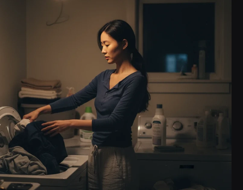늦은 밤 세탁실에서 세탁기를 돌리는 20대 한국 여성