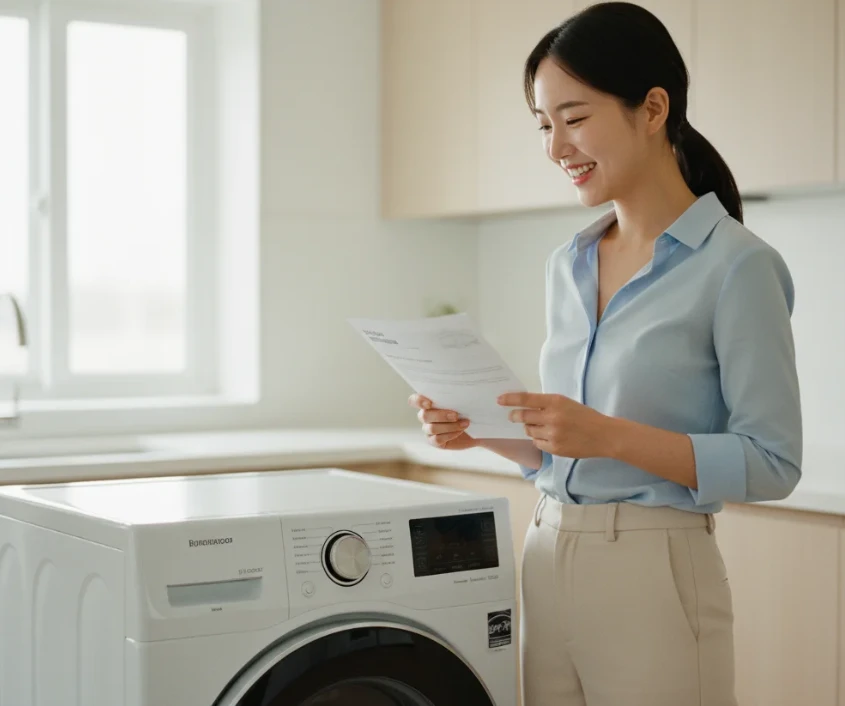 ENERGY STAR 로고가 있는 새 가전제품 옆에서 리베이트 서류를 들고 웃는 20대 한국 여성