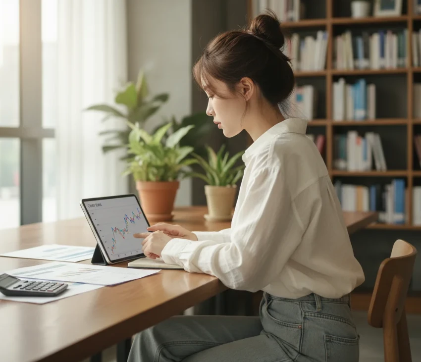 20대 한국 여성이 도서관에서 신용 점수 차트를 보며 신용 단계별 전략을 세우는 모습