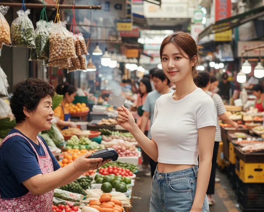 20대 후반 한국 여성이 한국 시장에서 FTF 면제 카드를 사용하여 결제하는 모습