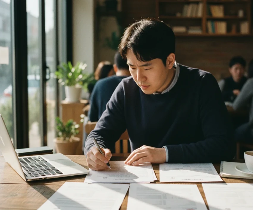 20대 한국인 남성이 ITIN 서류와 금융 서류를 보며 신용카드 발급 방법을 찾는 모습