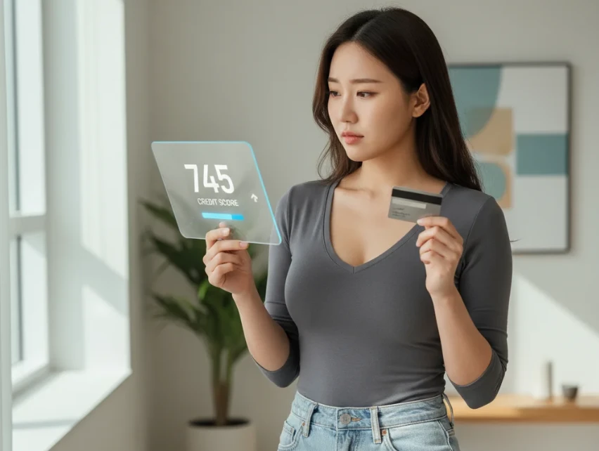 20대 한국 여성이 신용카드를 들고 신중하게 신용 점수 그래프를 확인하는 모습