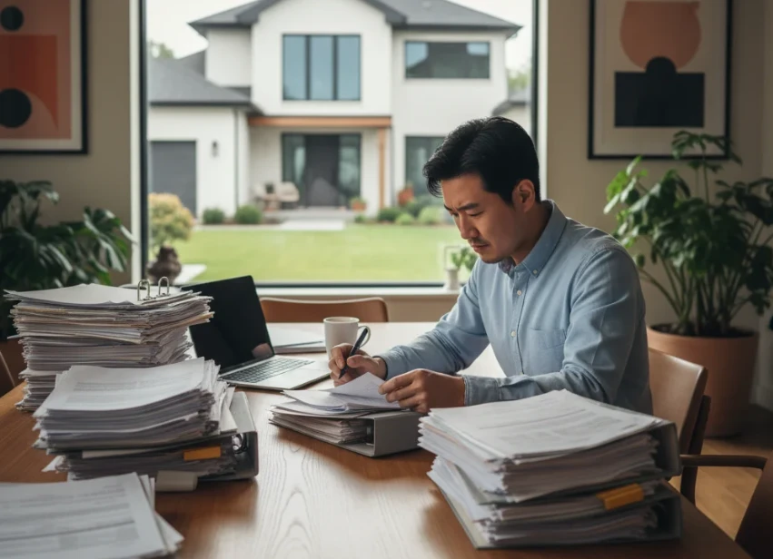 30대 한국 남성이 주택 대출 서류를 검토하며 모기지 사전 승인을 준비하는 모습