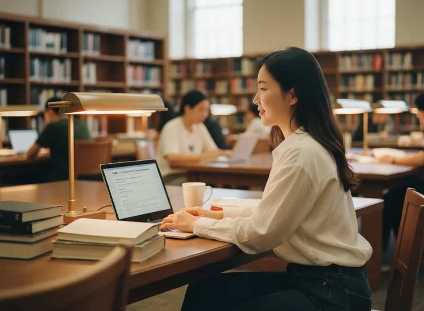 20대 한국인 여성이 FAFSA 신청을 위해 노트북 앞에서 집중하는 모습