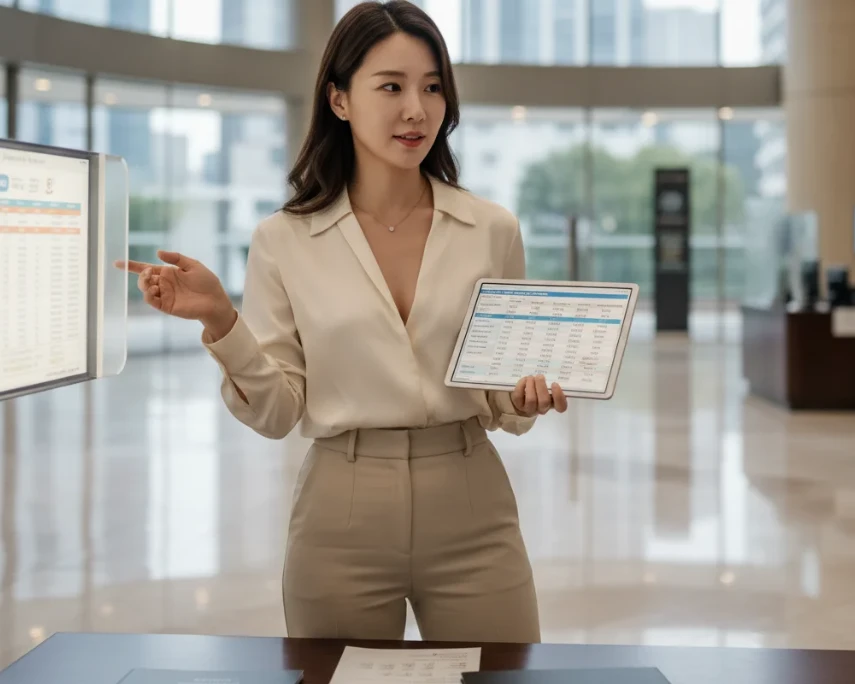 30대 한국 여성이 여러 금융 정보를 비교하며 대출 전략을 세우는 모습