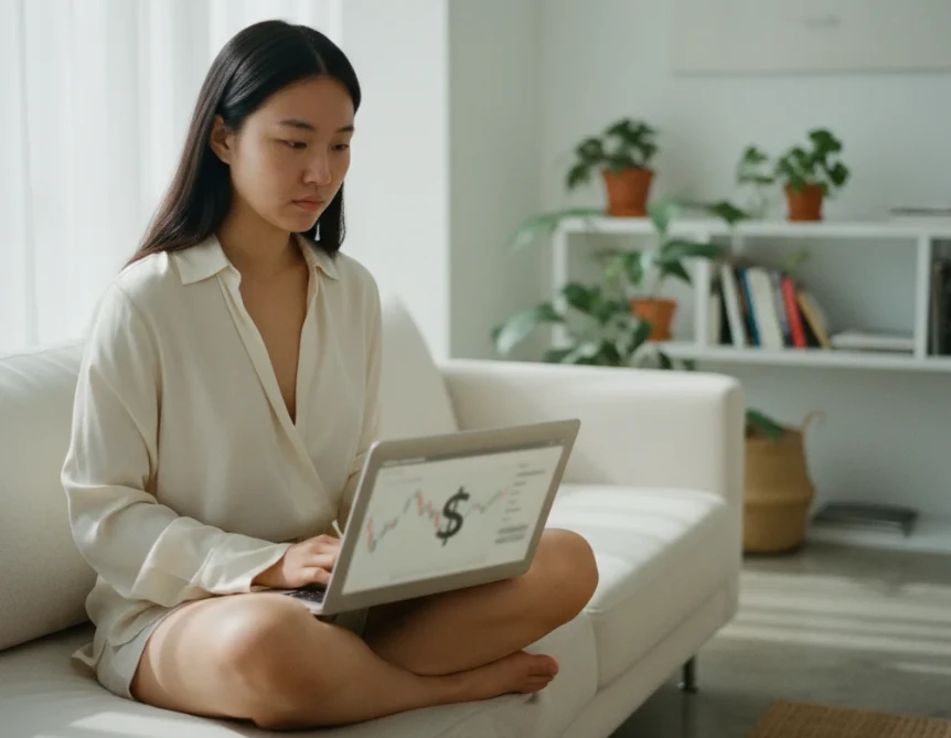 집에서 노트북으로 해외 주식 계좌를 개설하고 달러 환전 준비를 하는 한국 여성