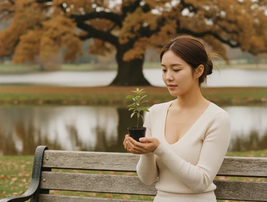 적립식 분산 투자의 장기적인 복리 효과를 상징하며, 나무가 자라나는 상상을 하는 한국 여성