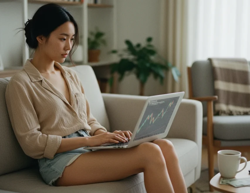 편안한 집에서 노트북과 모바일 앱으로 하이일드 세이빙스(HYSA) 이자율을 확인하는 한국 여성