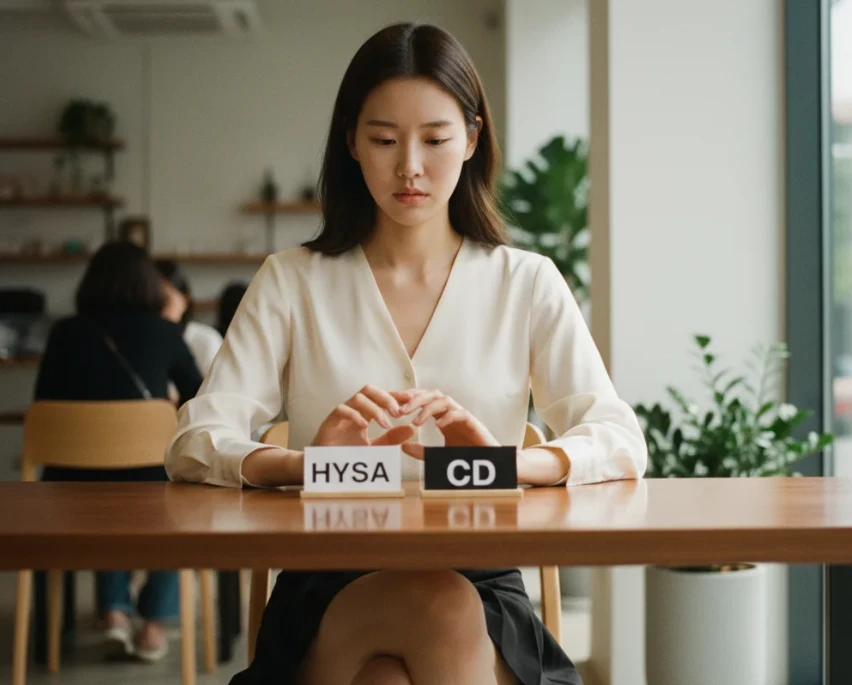 두 가지 금융 상품을 상징하는 카드를 들고 금융 상품 선택을 고민하는 한국 여성