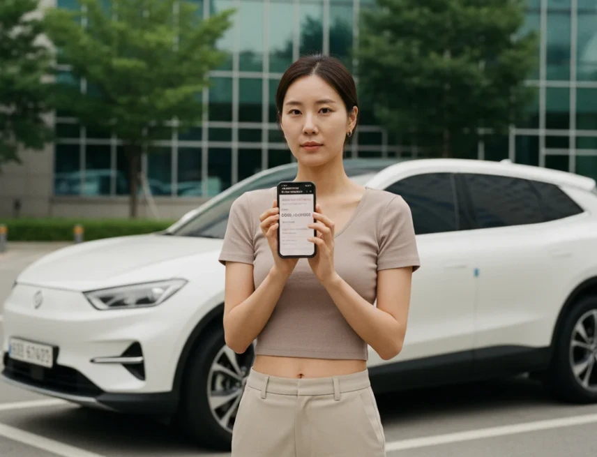 미국 자동차 보험 서류와 자신의 차 앞에서 보장 내용을 검토하는 한국 여성 운전자