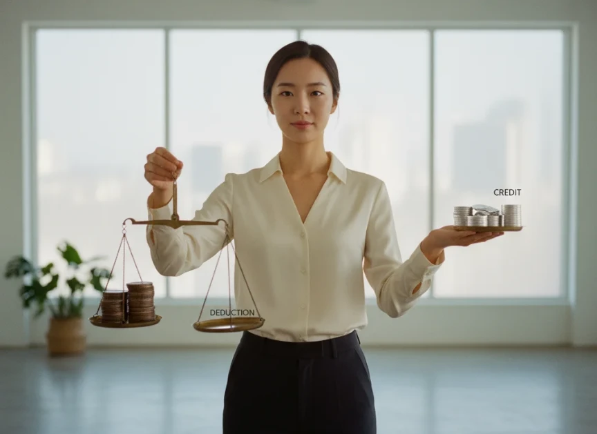 저울 앞에서 소득 공제(Deduction)와 세액 공제(Credit)의 절세 효과 차이를 비교하는 한국 여성