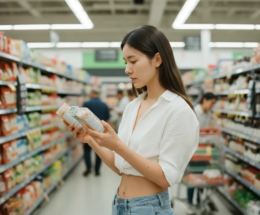 미국 마트에서 식료품의 단위 가격을 비교하며 쇼핑하는 20대 한국 여성
