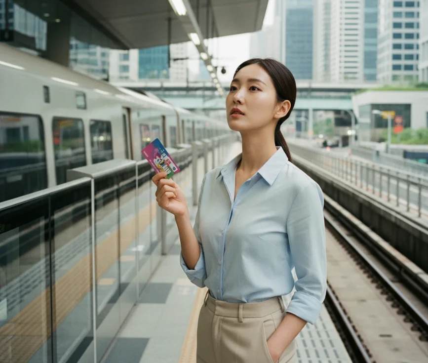 현대적인 지하철역 플랫폼에서 교통 패스를 들고 있는 20대 한국 여성