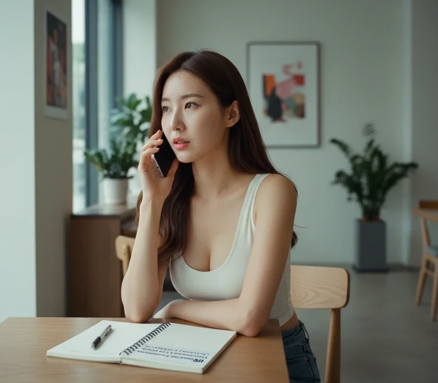 깔끔한 카페에서 국제 납세자 전용 번호로 IRS에 전화하는 20대 한국 여성