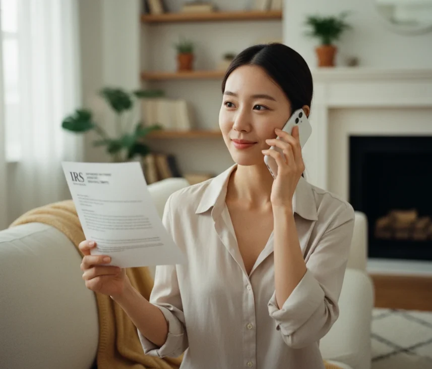 집 소파에서 IRS 서신을 들고 한국어 통역 서비스를 이용하여 전화 통화하는 20대 한국 여성