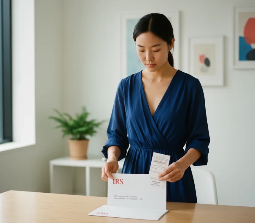 IRS 주소로 서류를 등기우편으로 보내기 위해 봉투를 봉인하는 20대 한국 여성