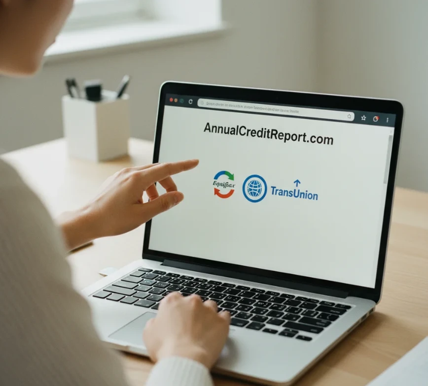 노트북 화면에 표시된 공식 크레딧 리포트 조회 웹사이트 AnnualCreditReport.com과 3대 신용평가기관 로고