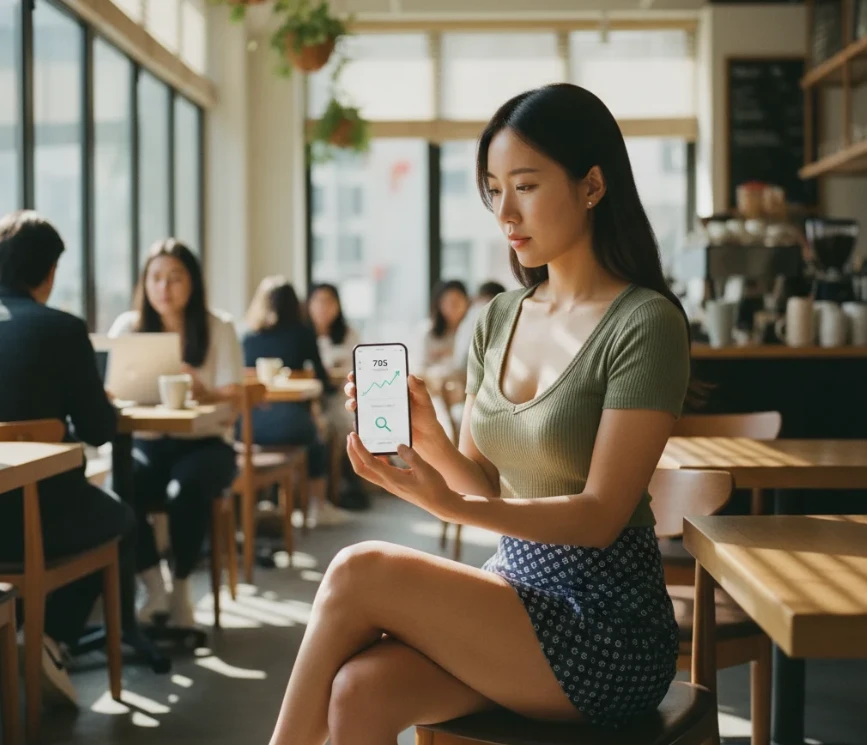 카페에서 스마트폰의 신용 점수 모니터링 앱을 확인하는 20대 한국 여성
