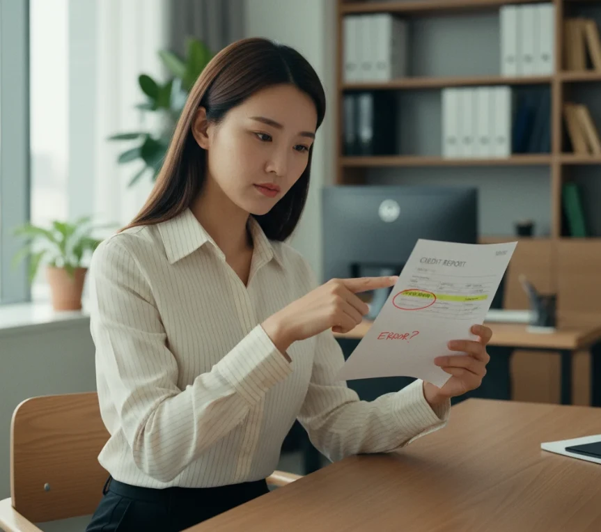 크레딧 리포트를 꼼꼼하게 확인하며 의심스러운 항목을 발견한 20대 한국 여성