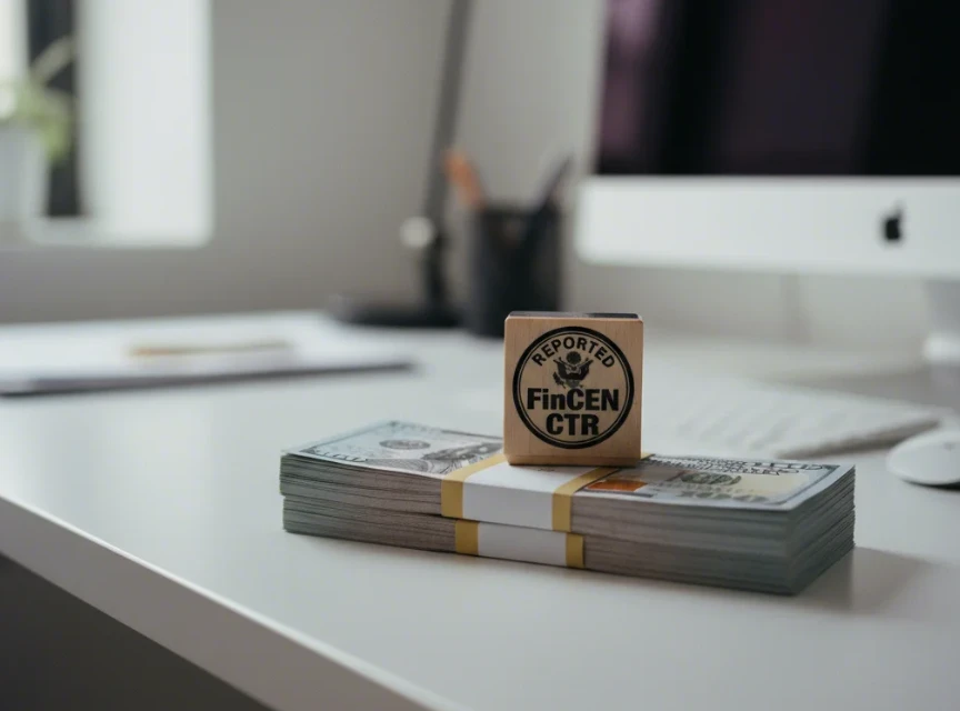 1만 달러 현금 묶음과 보고서 양식을 보여주며 세금이 아닌 보고 기준임을 상징하는 이미지