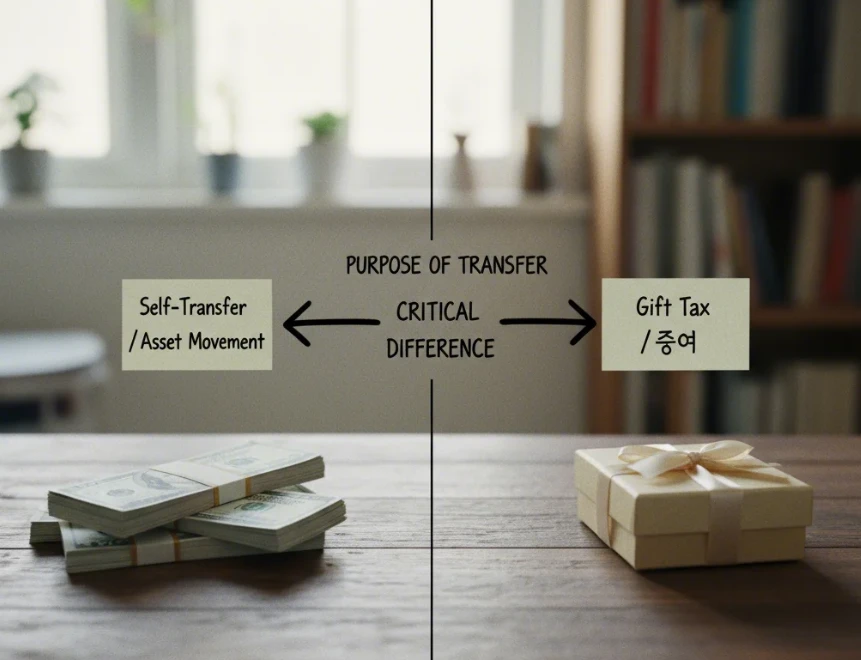 송금 목적(자산 이동과 증여)에 따라 세금 문제가 다름을 상징하는 이미지
