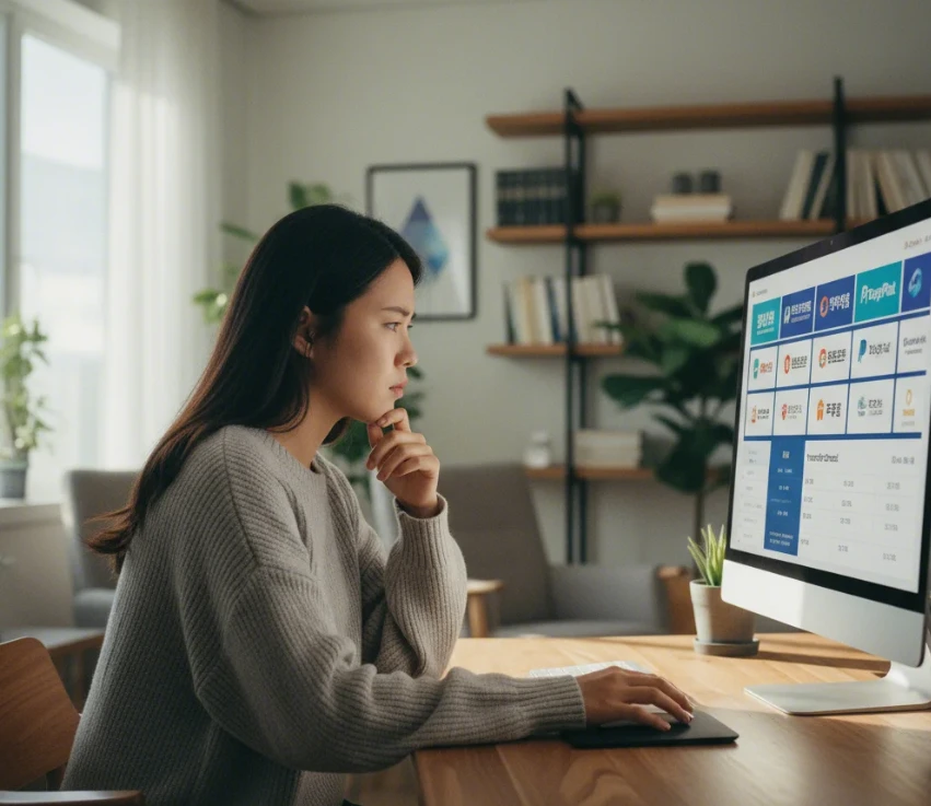 다양한 해외 송금 채널(은행, 핀테크)을 비교하며 선택하는 한국 여성의 모습