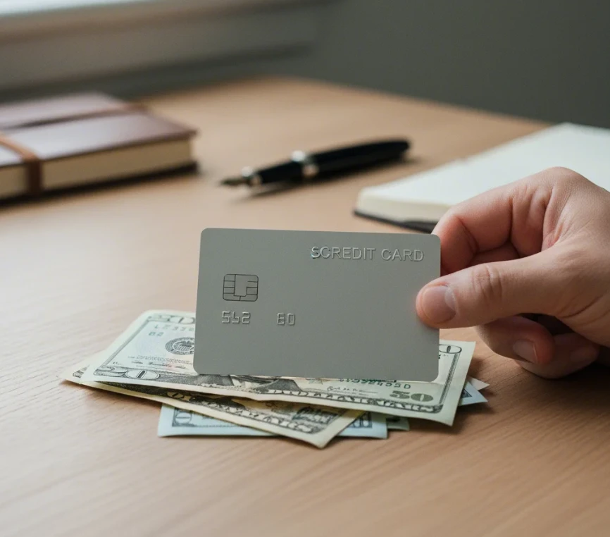 담보 신용카드(Secured Credit Card)를 들고 신용 기록 쌓는 첫 단계를 시작하는 모습