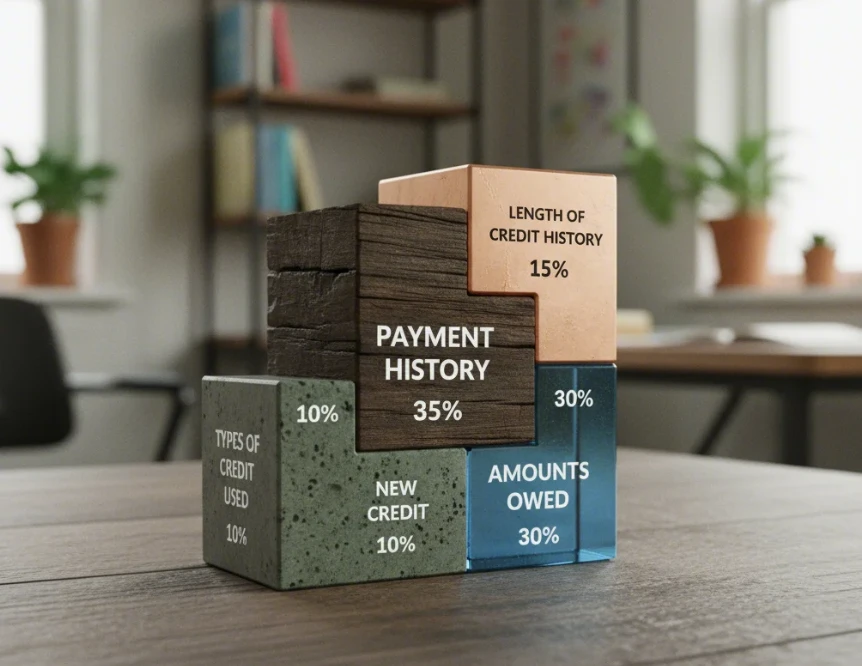 FICO 신용 점수를 구성하는 5가지 핵심 요소를 나타내는 톱니바퀴 이미지