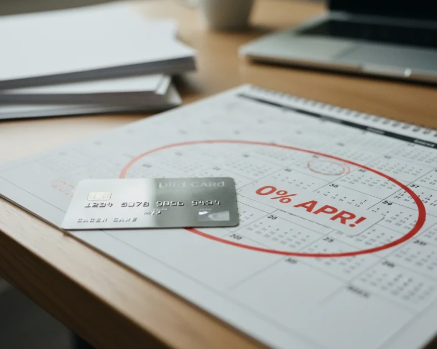 21개월 무이자 기간이 표시된 달력과 0% APR 신용카드를 함께 보여주는 이미지