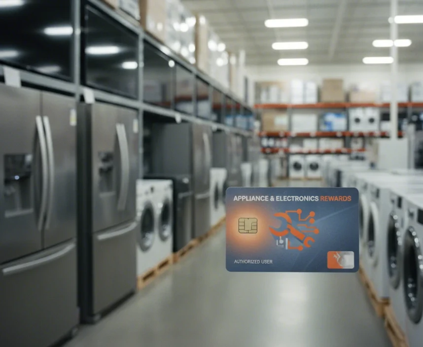 Best Buy 등 가전제품 전문 매장 연계 신용카드와 매장 배경을 보여주는 이미지
