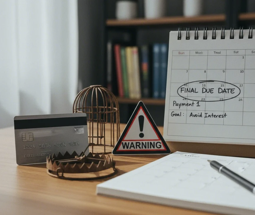 'Deferred Interest' 위험을 나타내는 경고 표시와 신용 활용률 관리를 위한 계획표 이미지