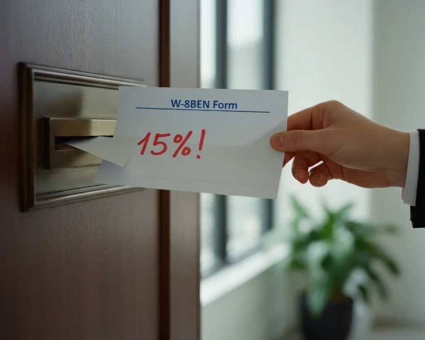 W-8BEN 서류와 15% 세금 감면율을 보여주는 이미지