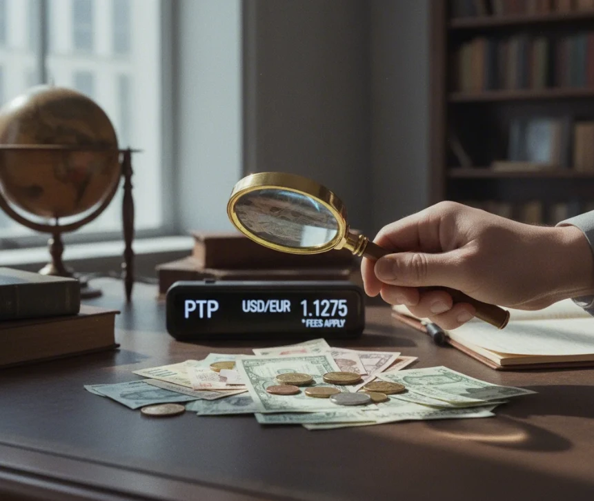 환전 수수료를 절약하기 위한 팁과 PTP 종목 주의를 상징하는 이미지