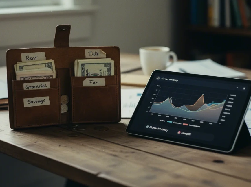 YNAB의 제로 기반 예산 철학을 상징하는 봉투와 Monarch Money의 데이터 추적 그래프를 대비시키는 이미지