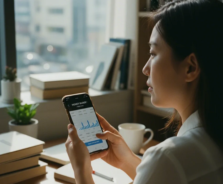 사용자가 자신의 재정 성향을 파악하고 앱을 신중하게 선택하는 과정을 나타내는 이미지