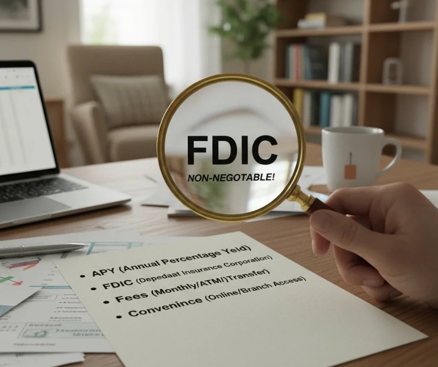 HYSA 선택 시 APY, FDIC 보험, 수수료 등 4가지 핵심 요소를 확인하는 체크리스트 이미지