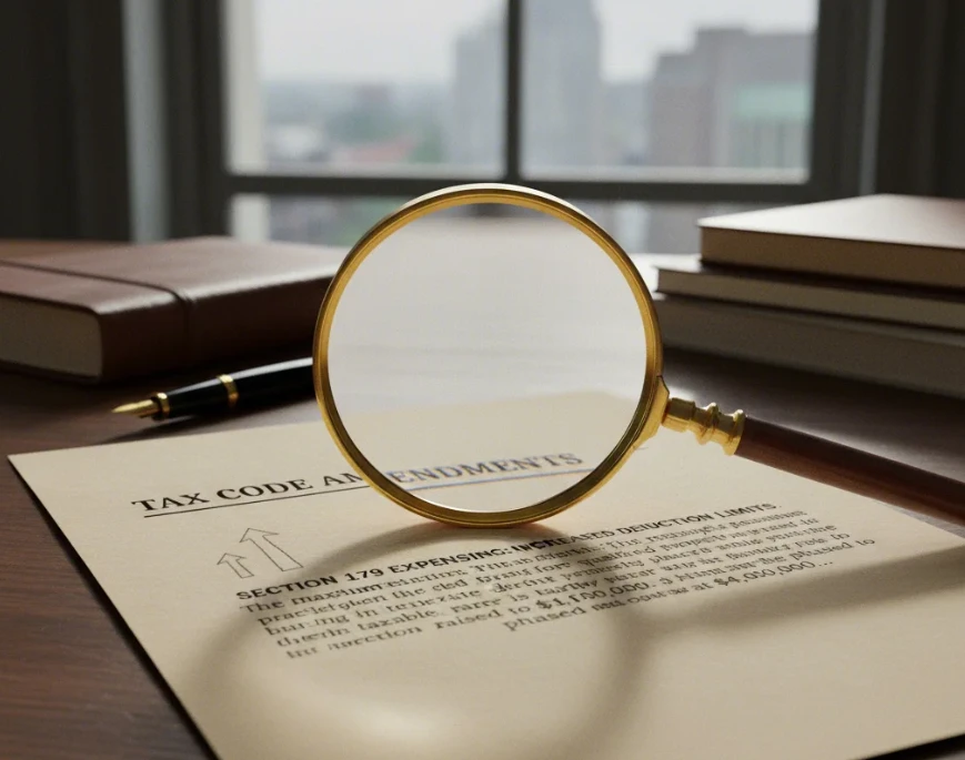 2025년 연말정산 주요 개정 사항을 강조하는 돋보기와 법전 서류의 모습