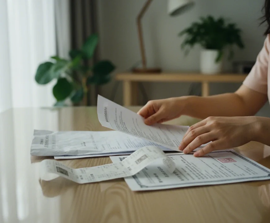 월세 이체 내역, 장애인 증명서 등 수동 제출이 필요한 연말정산 서류를 챙기는 한국 여성의 손 모습