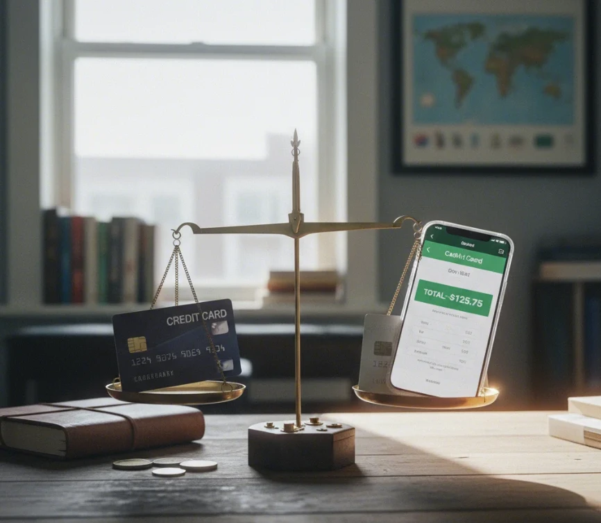 신용카드와 체크카드 공제율을 비교하는 듯한 저울 또는 계산기 모습