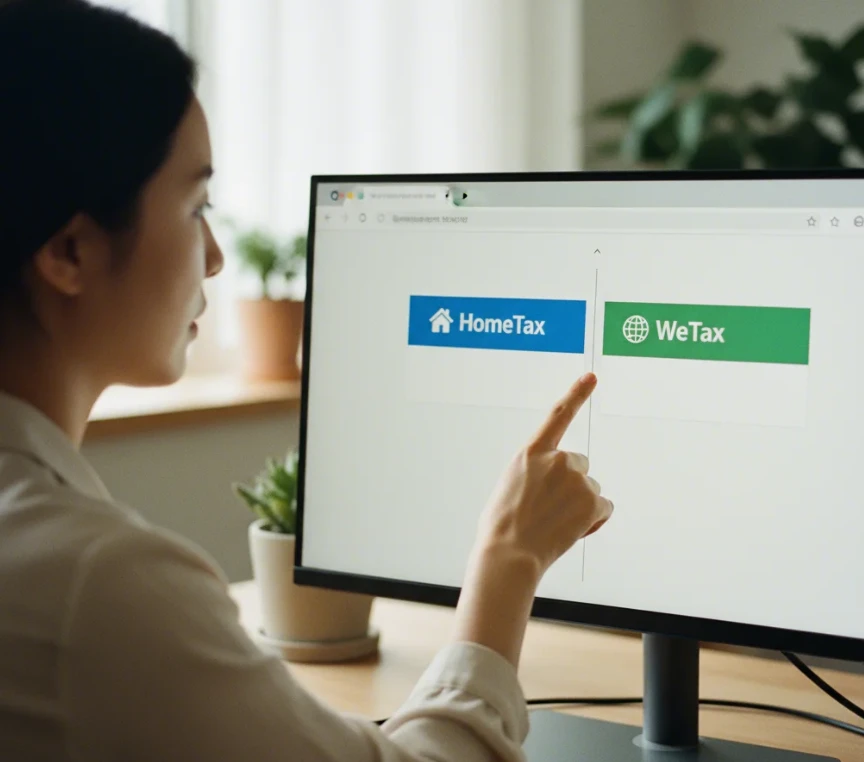 국세 홈택스와 지방세 위택스 로고가 분리되어 있는 컴퓨터 화면 모습