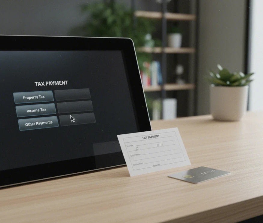 ATM, 인터넷 지로, 관할 세무서 등 온라인 외의 체납 세금 납부 방법들을 상징하는 이미지