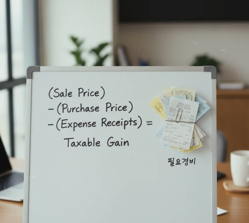 양도차익 계산을 위해 양도가액과 취득가액을 비교하는 수식 구조와 필요경비를 상징하는 영수증 모습