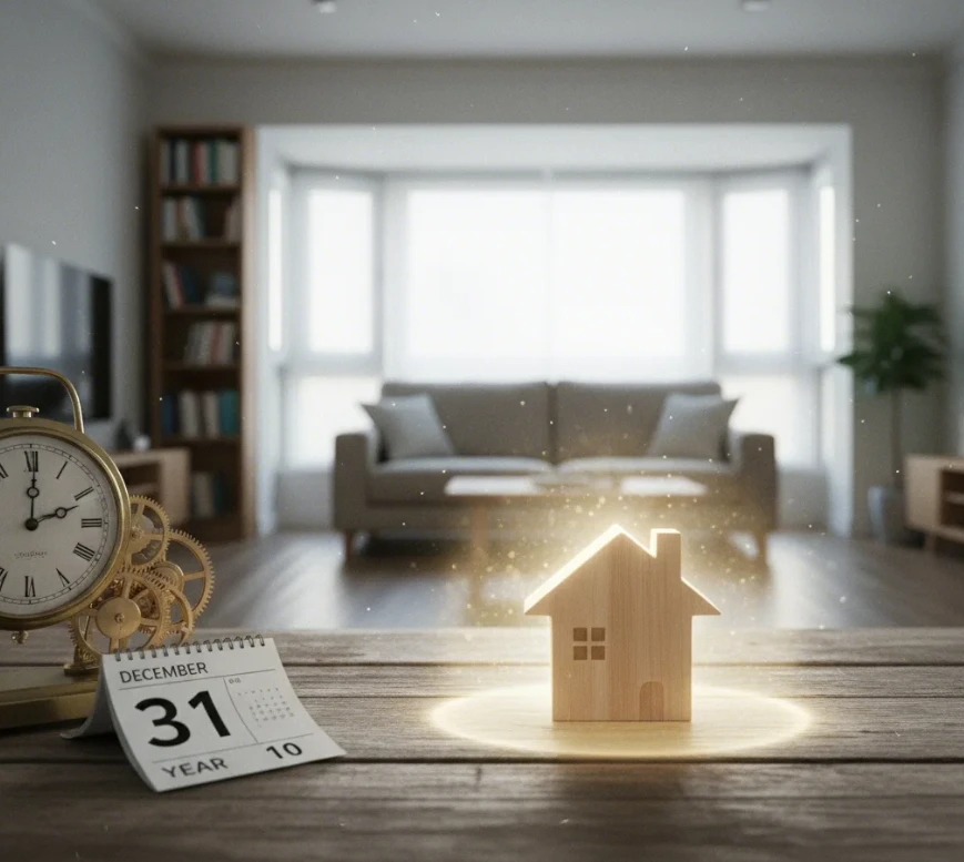 1세대 1주택 비과세 혜택을 상징하는 방패 모양의 아이콘과 장기보유를 나타내는 시계 모습