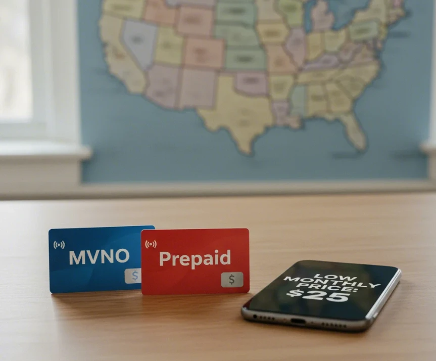 MVNO와 Prepaid라고 적힌 카드 옆에 있는 미국 지도와 스마트폰